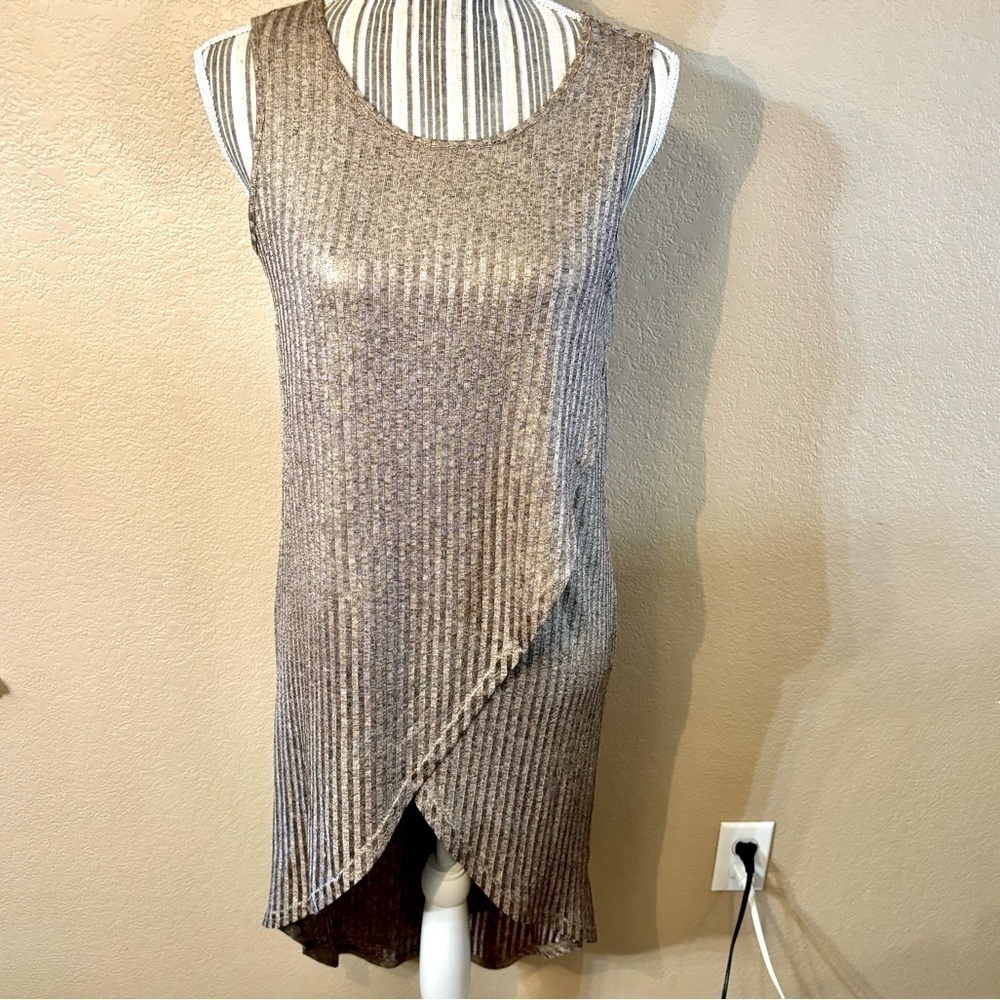 NWT She + Sky Dress Small Gold Shimmer Ribbed Hi-Low Mini Front Midi Back Boho